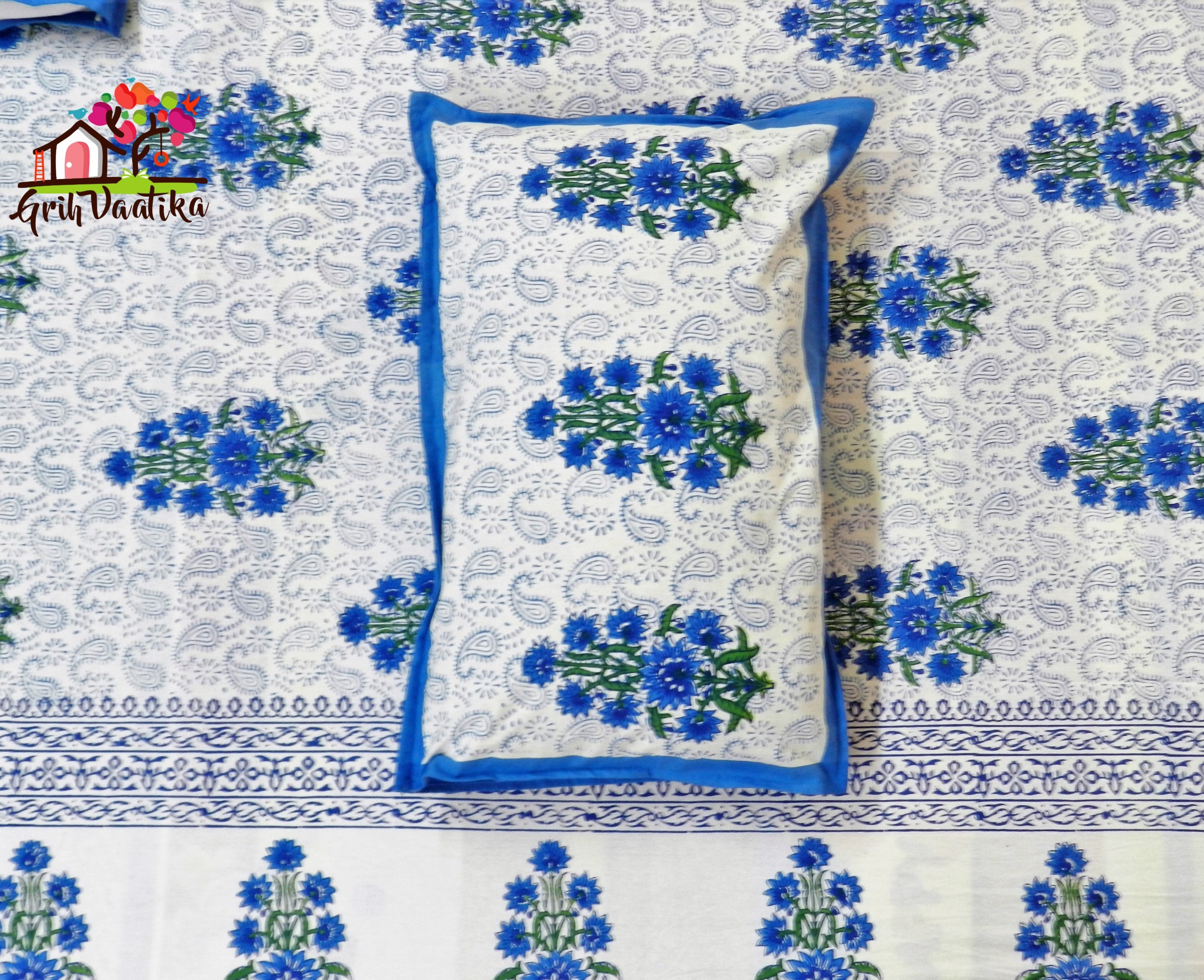 Blue Motifs with Ambi Pattern Cotton Hand Block Print Bedsheet