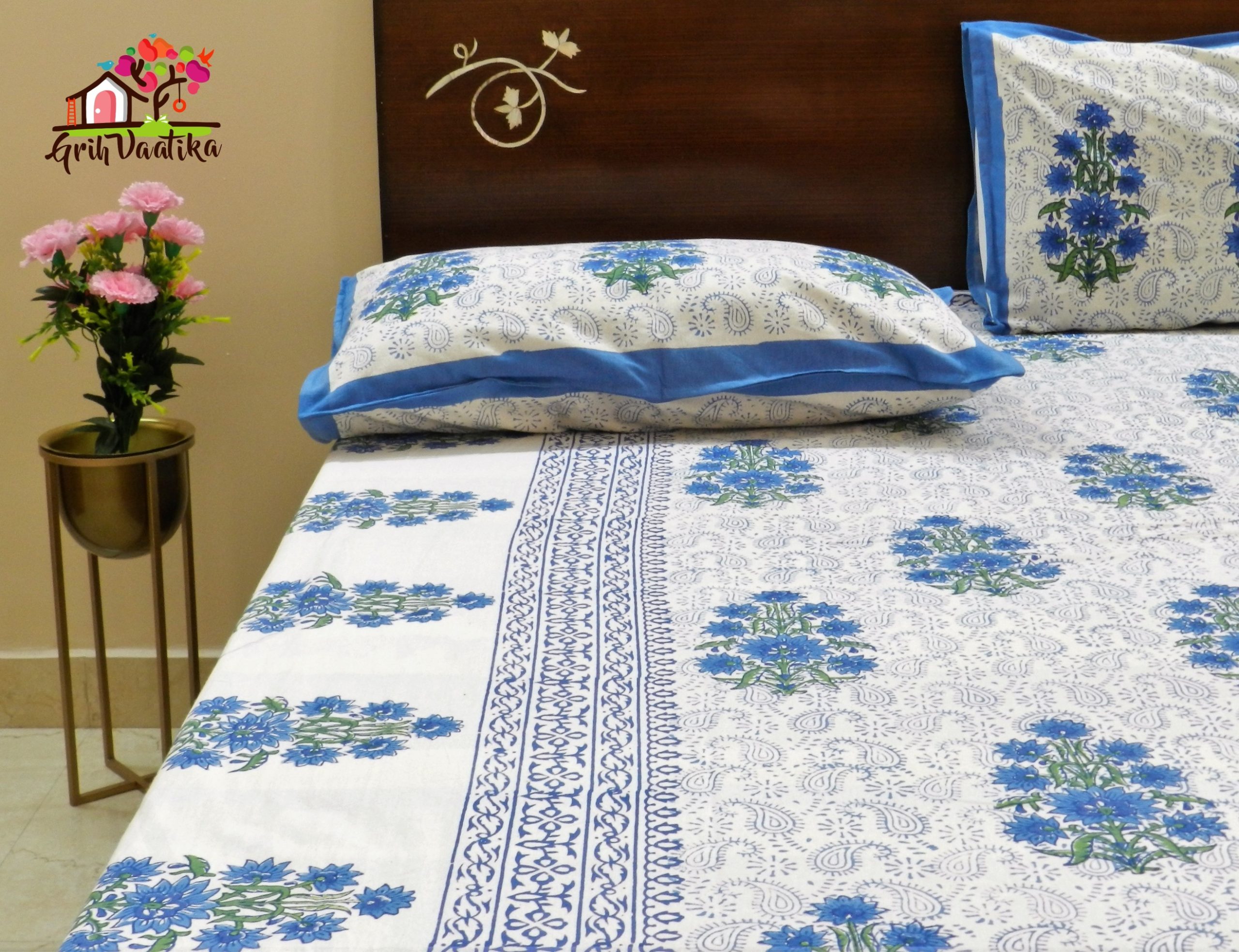 Blue Motifs with Ambi Pattern Cotton Hand Block Print Bedsheet