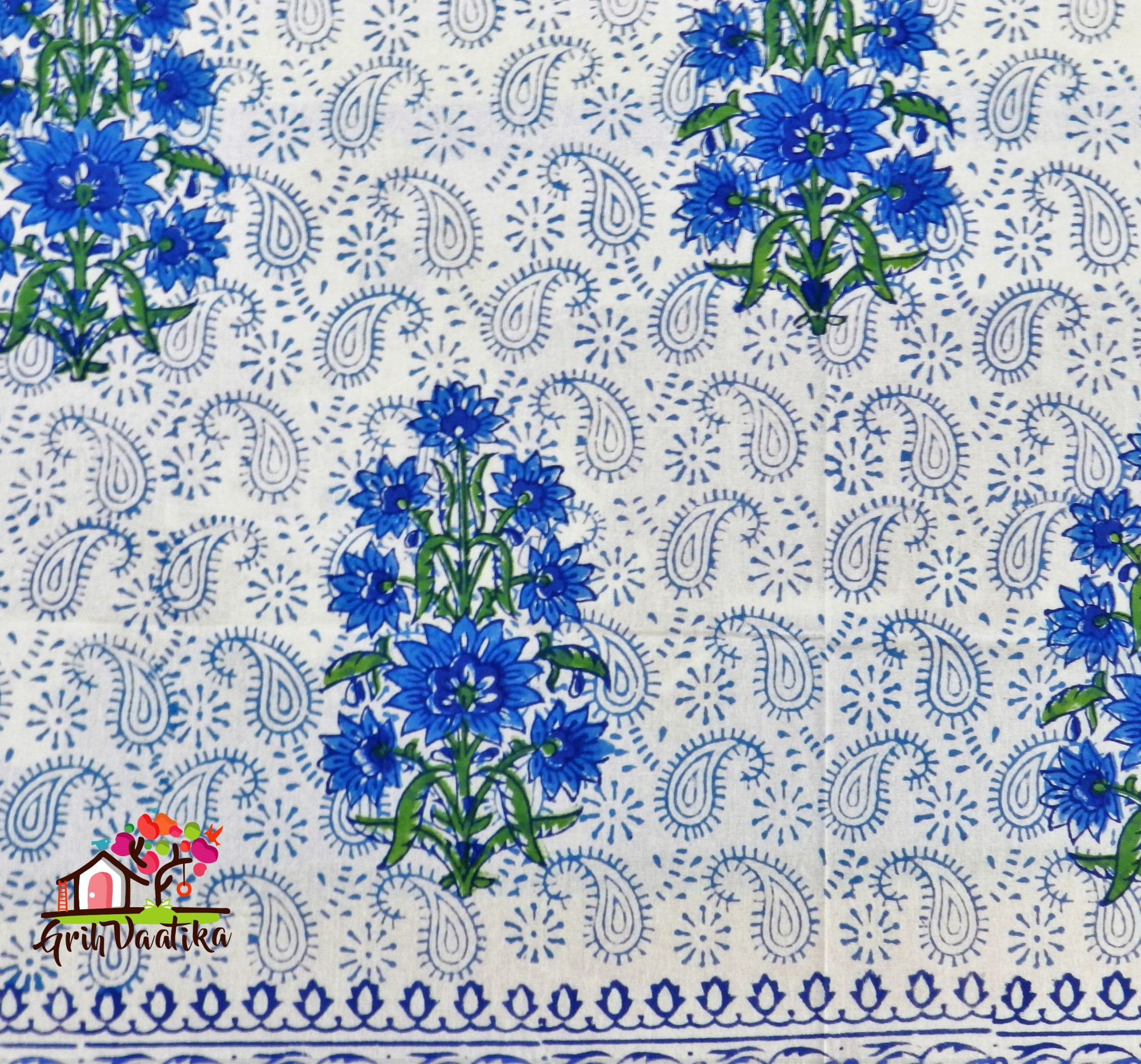 Blue Motifs with Ambi Pattern Cotton Hand Block Print Bedsheet