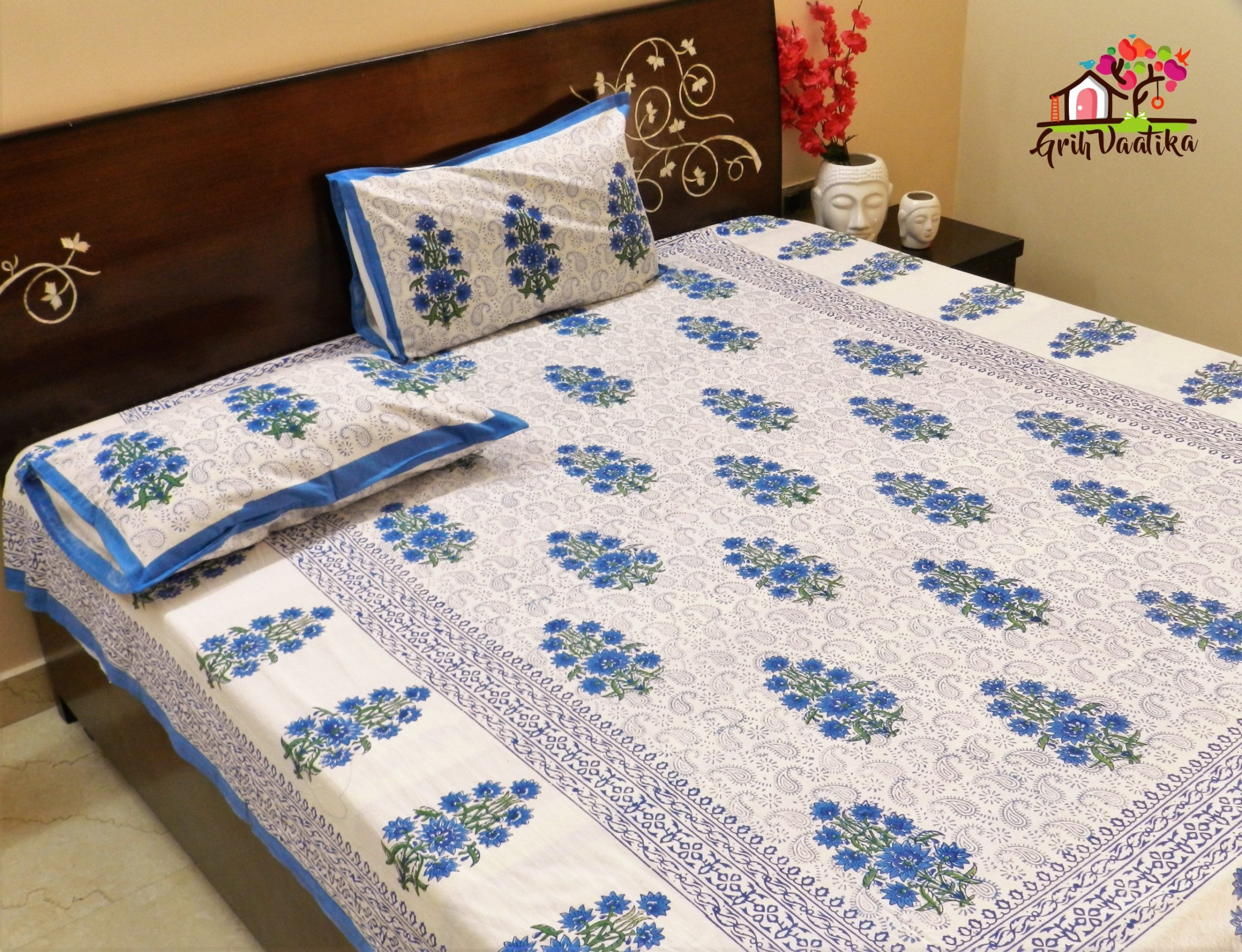 Blue Motifs with Ambi Pattern Cotton Hand Block Print Bedsheet