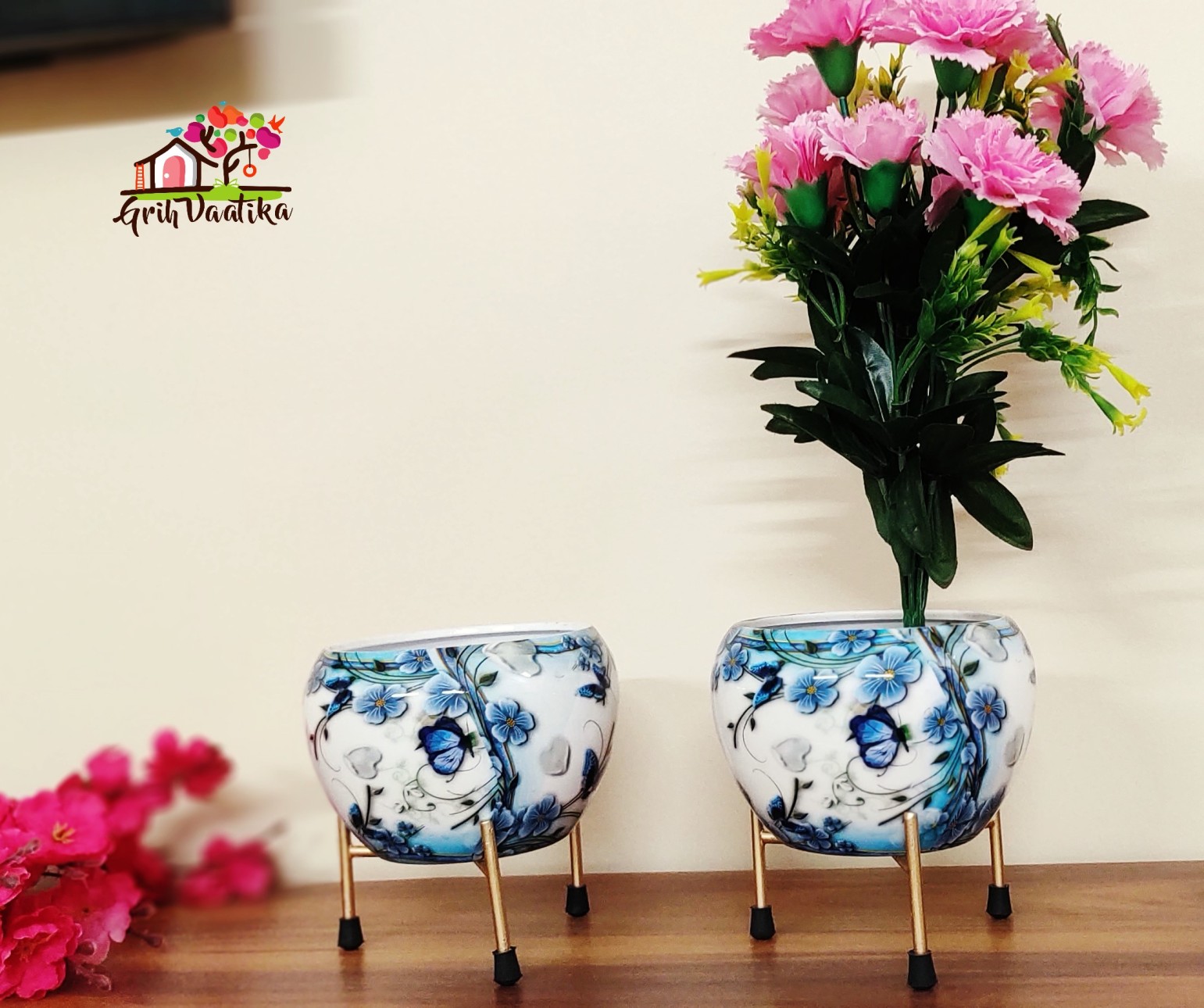 Handcrafted Premium Blue Flowers Meena Pot with Stand