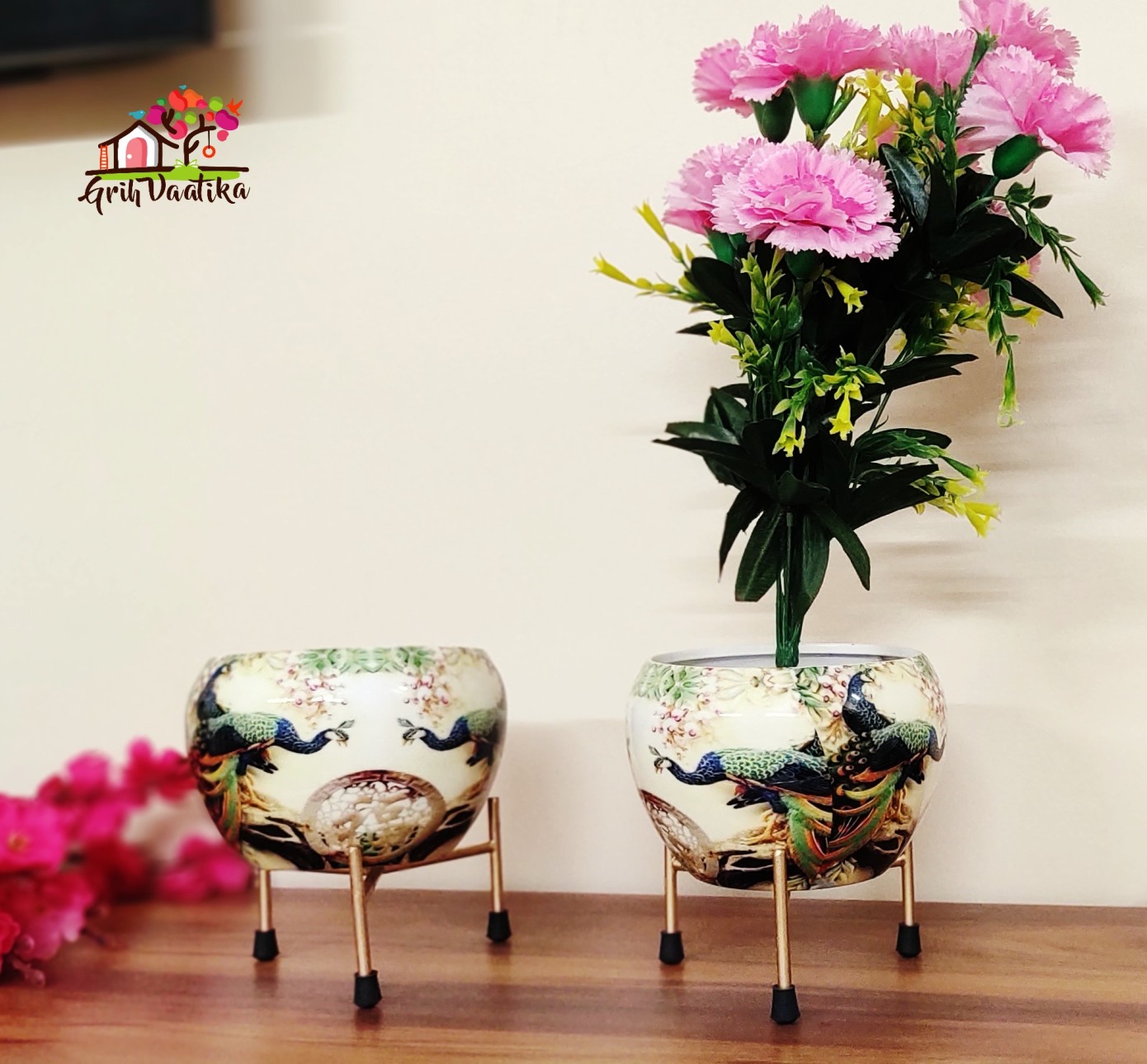 Handcrafted Premium Off White Based Peacocks Meena Pot with Stand