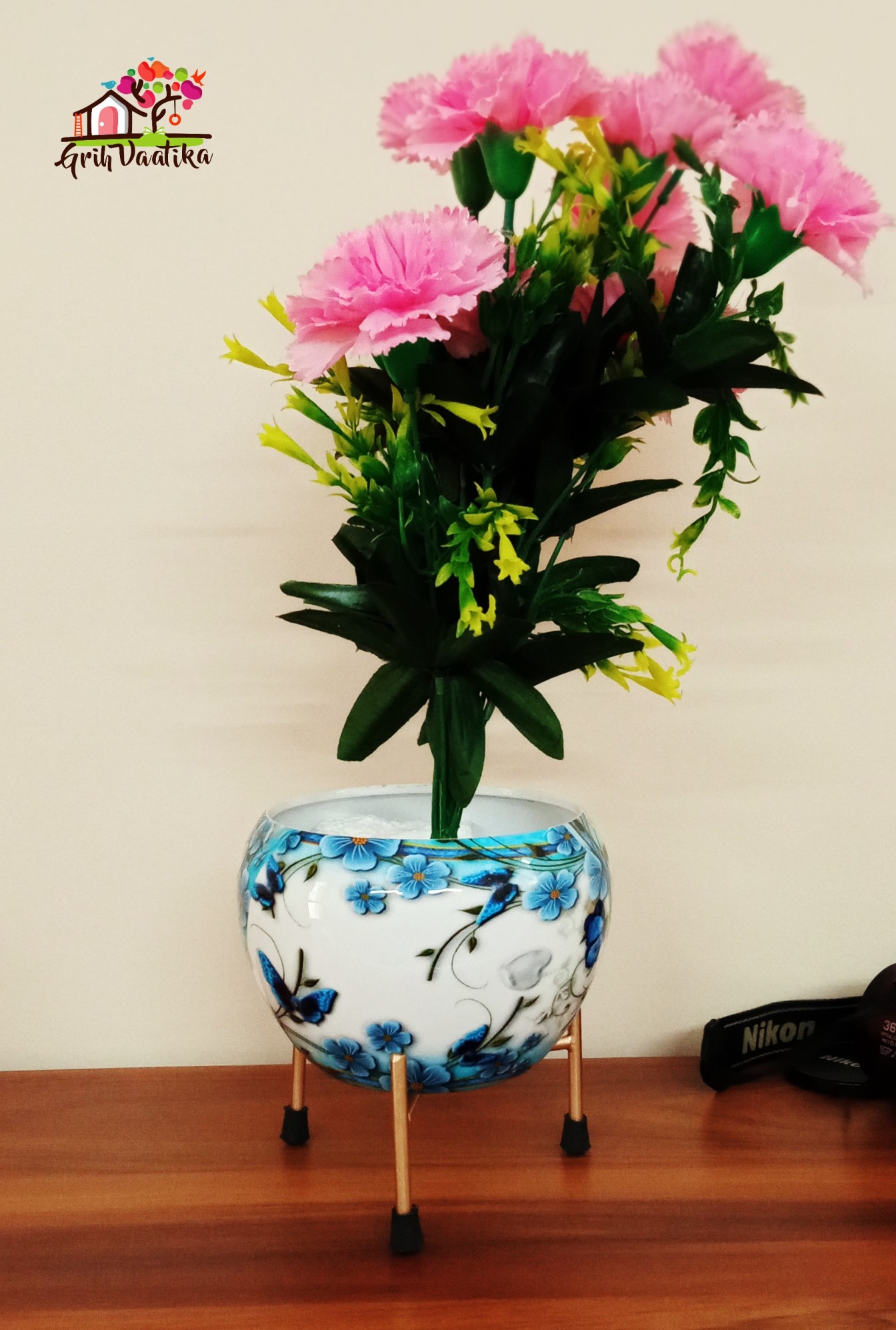 Handcrafted Premium Blue Flowers Meena Pot with Stand