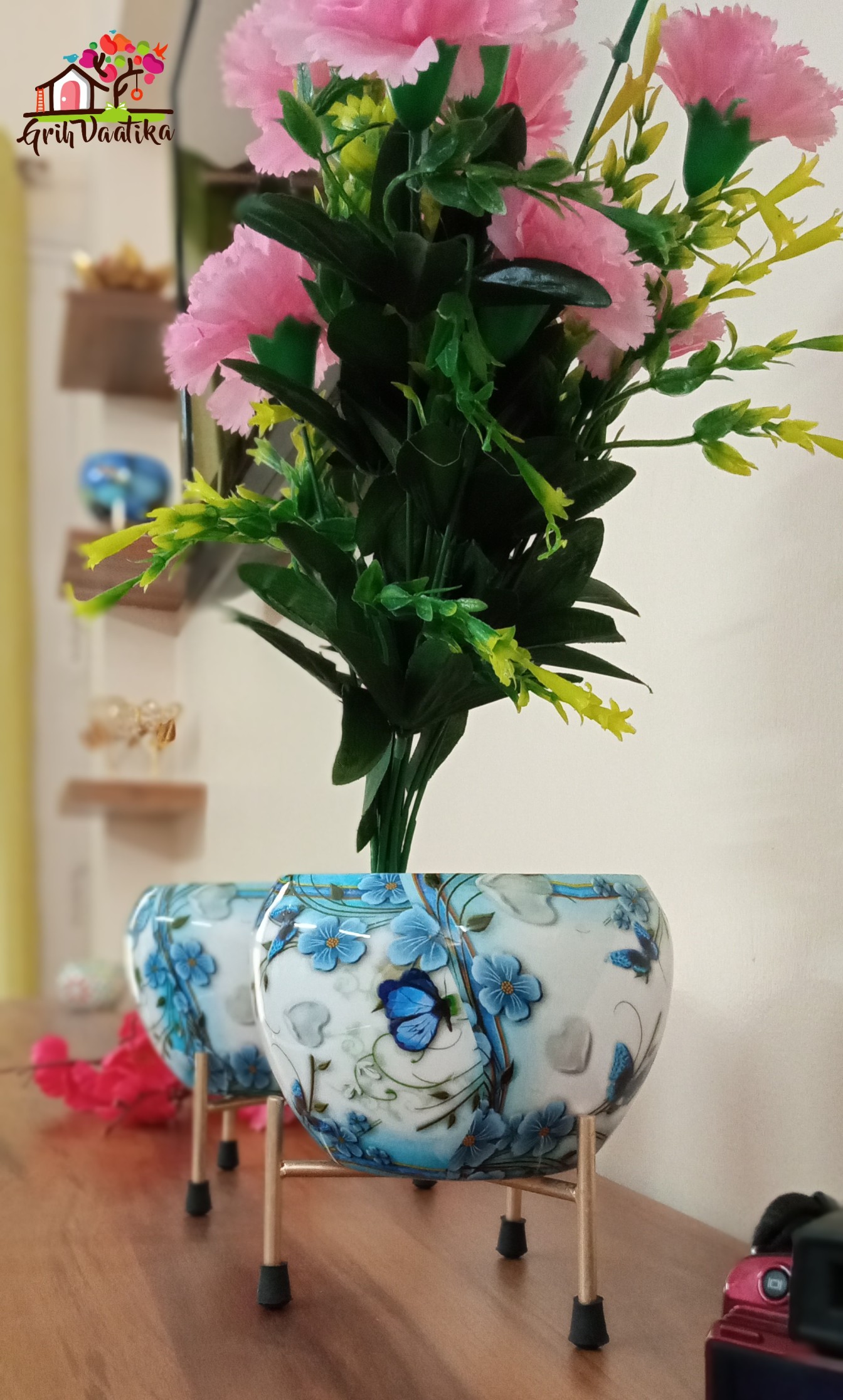 Handcrafted Premium Blue Flowers Meena Pot with Stand
