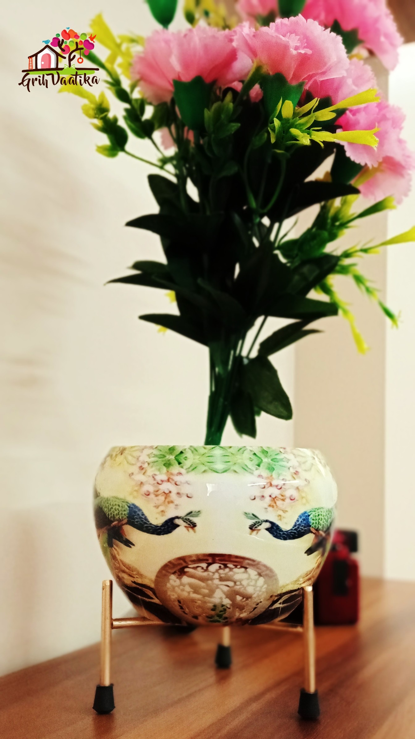 Handcrafted Premium Off White Based Peacocks Meena Pot with Stand