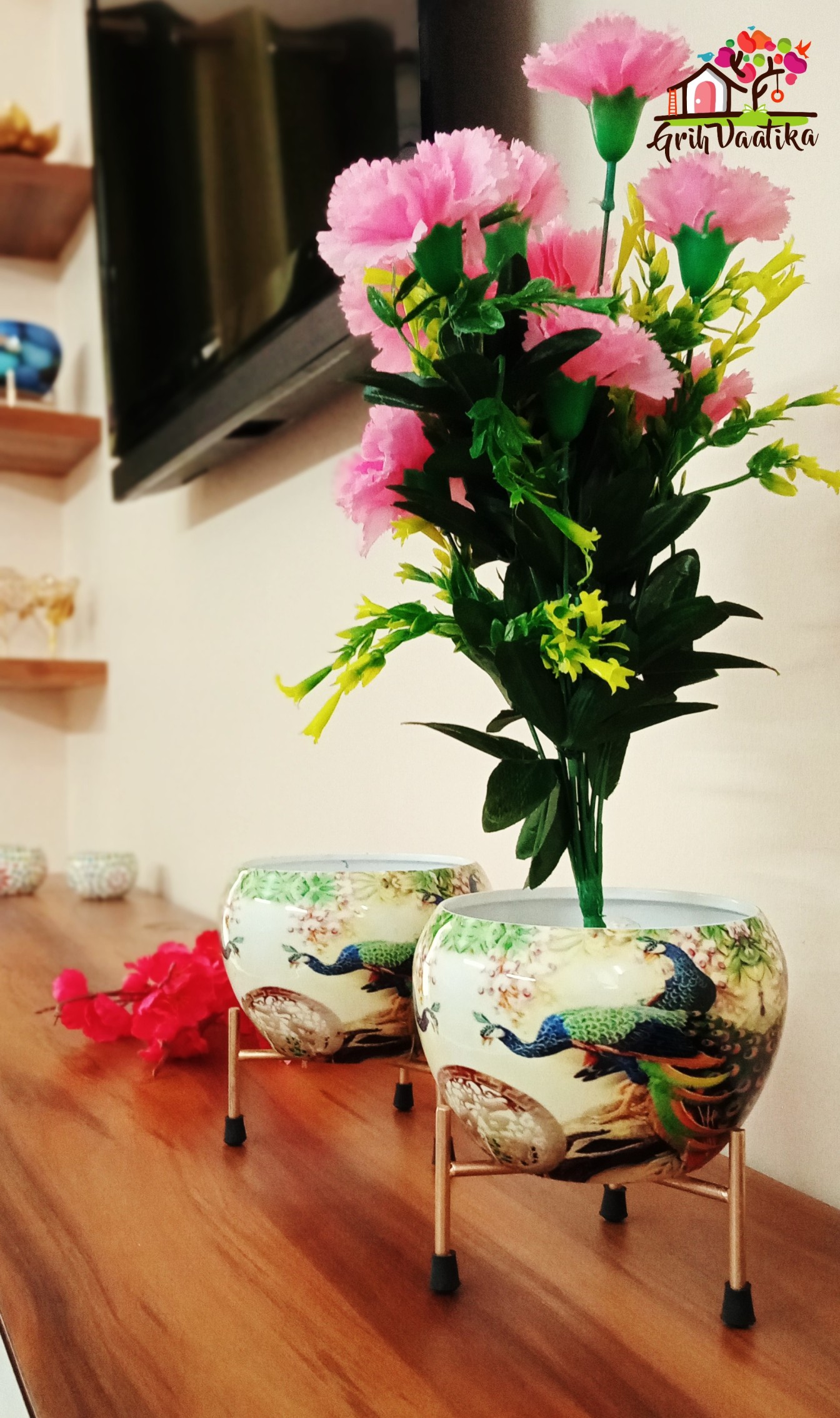 Handcrafted Premium Off White Based Peacocks Meena Pot with Stand