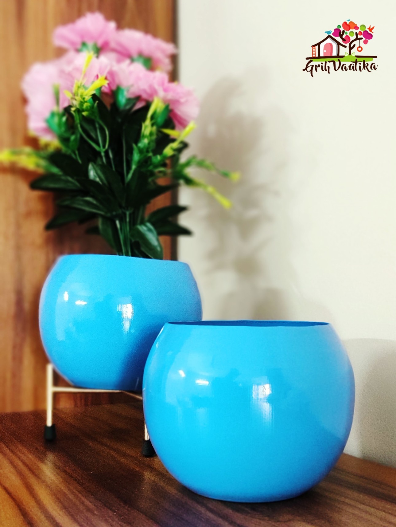 Decorative Sky Blue Planter with Stand