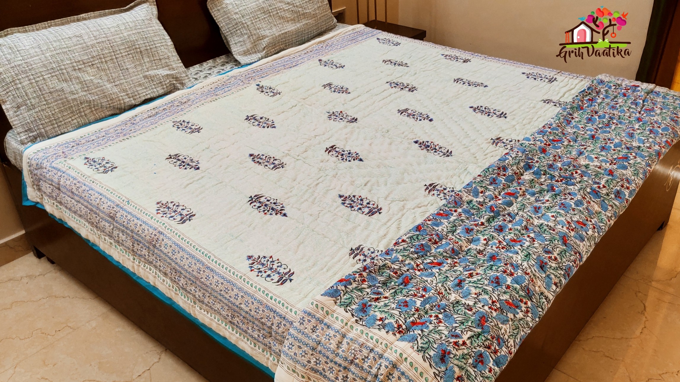 White and Blue Cotton Double Bed Jaipuri Razaai - Reversible