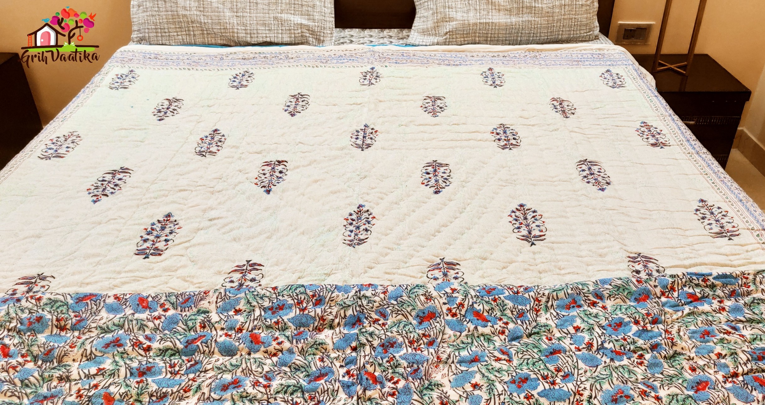 White and Blue Cotton Double Bed Jaipuri Razaai - Reversible