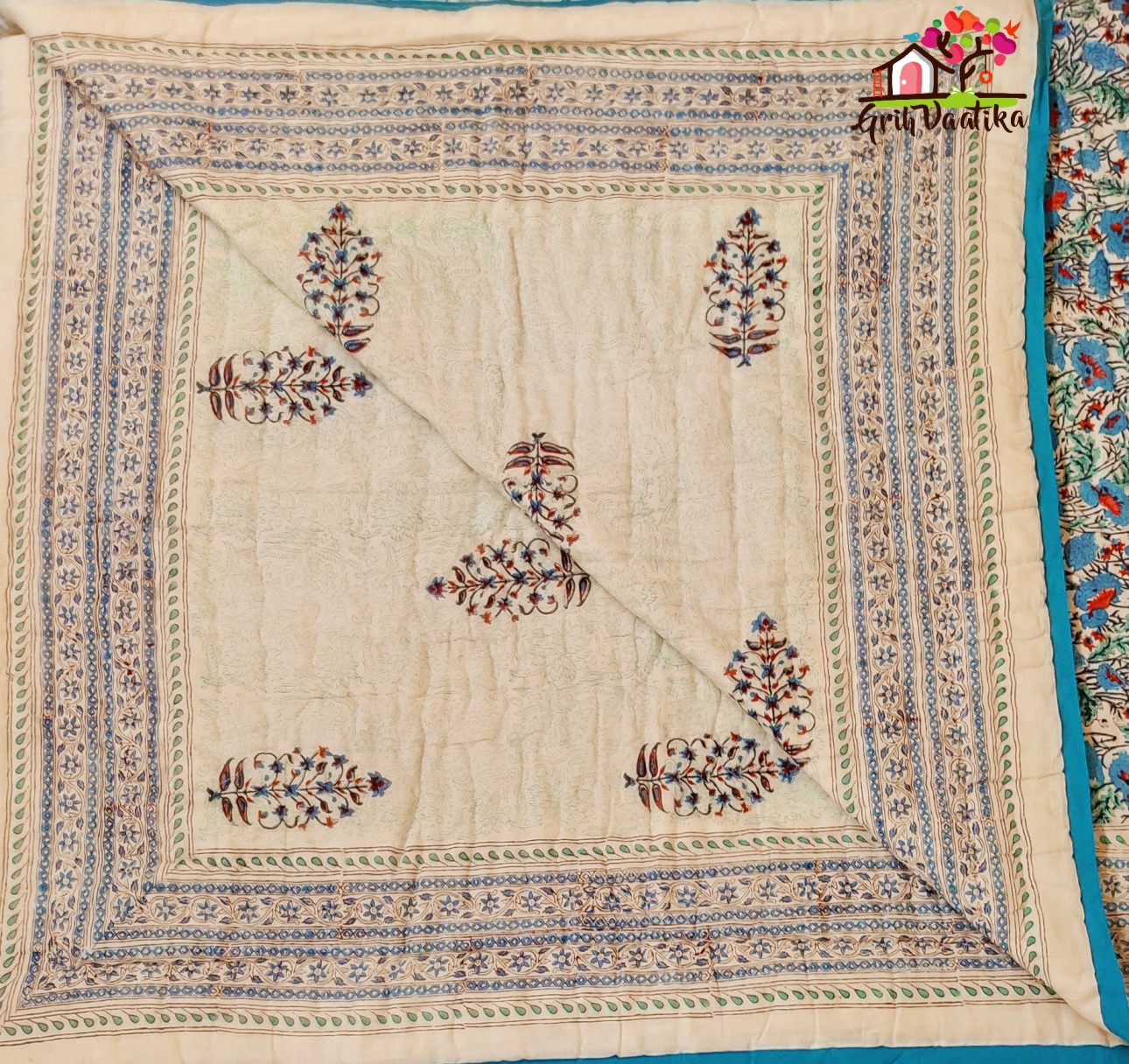 White and Blue Cotton Double Bed Jaipuri Razaai - Reversible