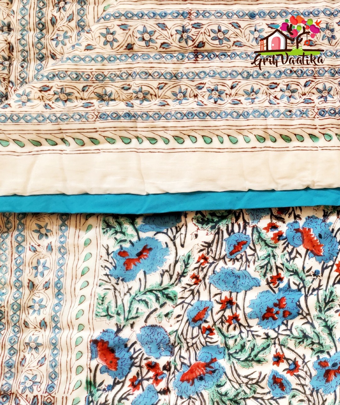 White and Blue Cotton Double Bed Jaipuri Razaai - Reversible