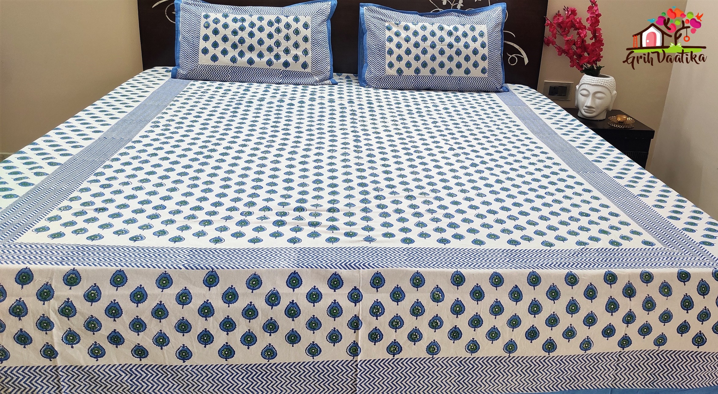 White and Indigo Blue Premium Cotton Hand Block Print Bedsheet