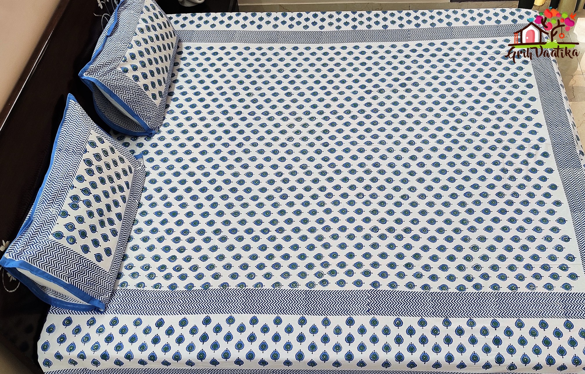 White and Indigo Blue Premium Cotton Hand Block Print Bedsheet