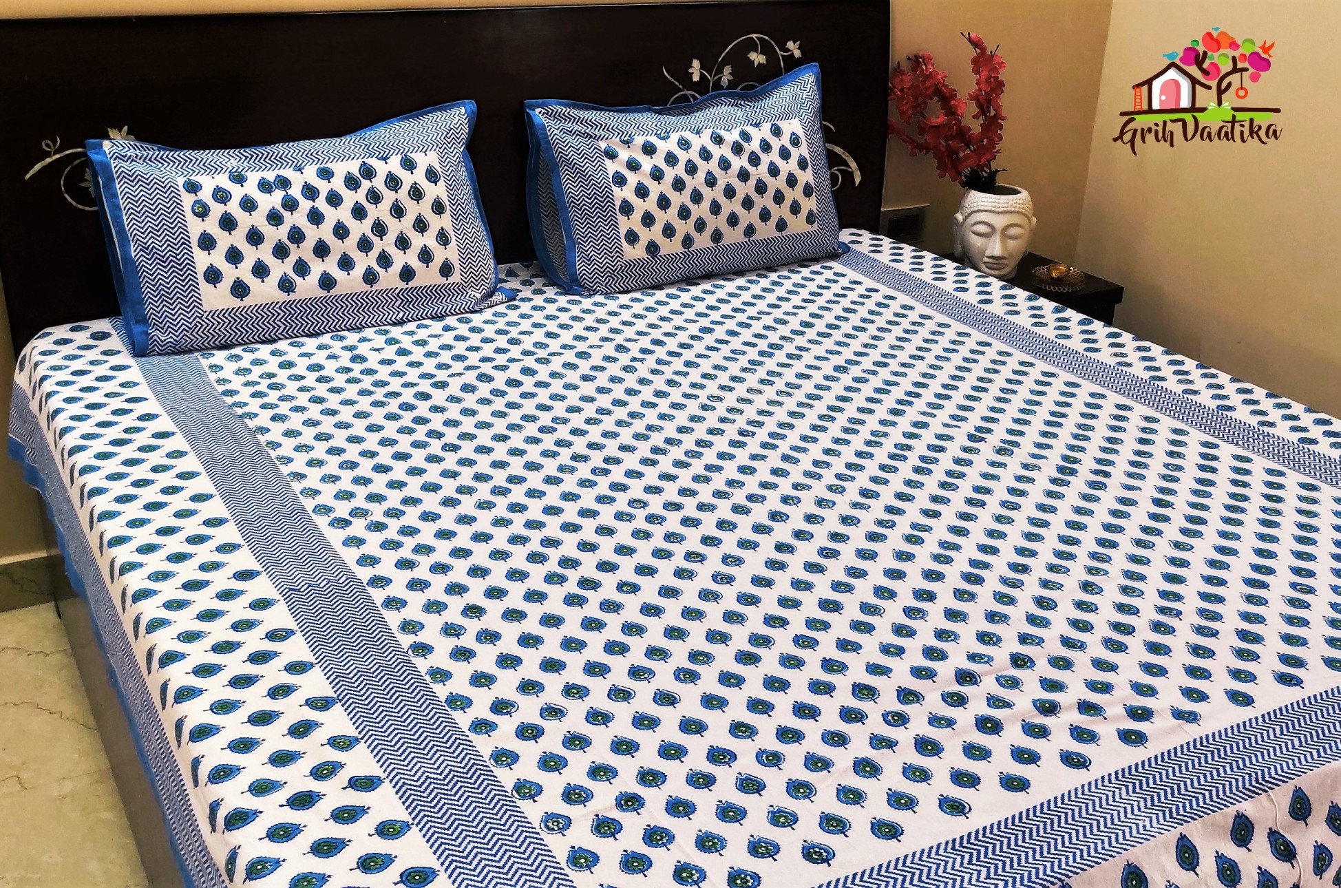 White and Indigo Blue Premium Cotton Hand Block Print Bedsheet