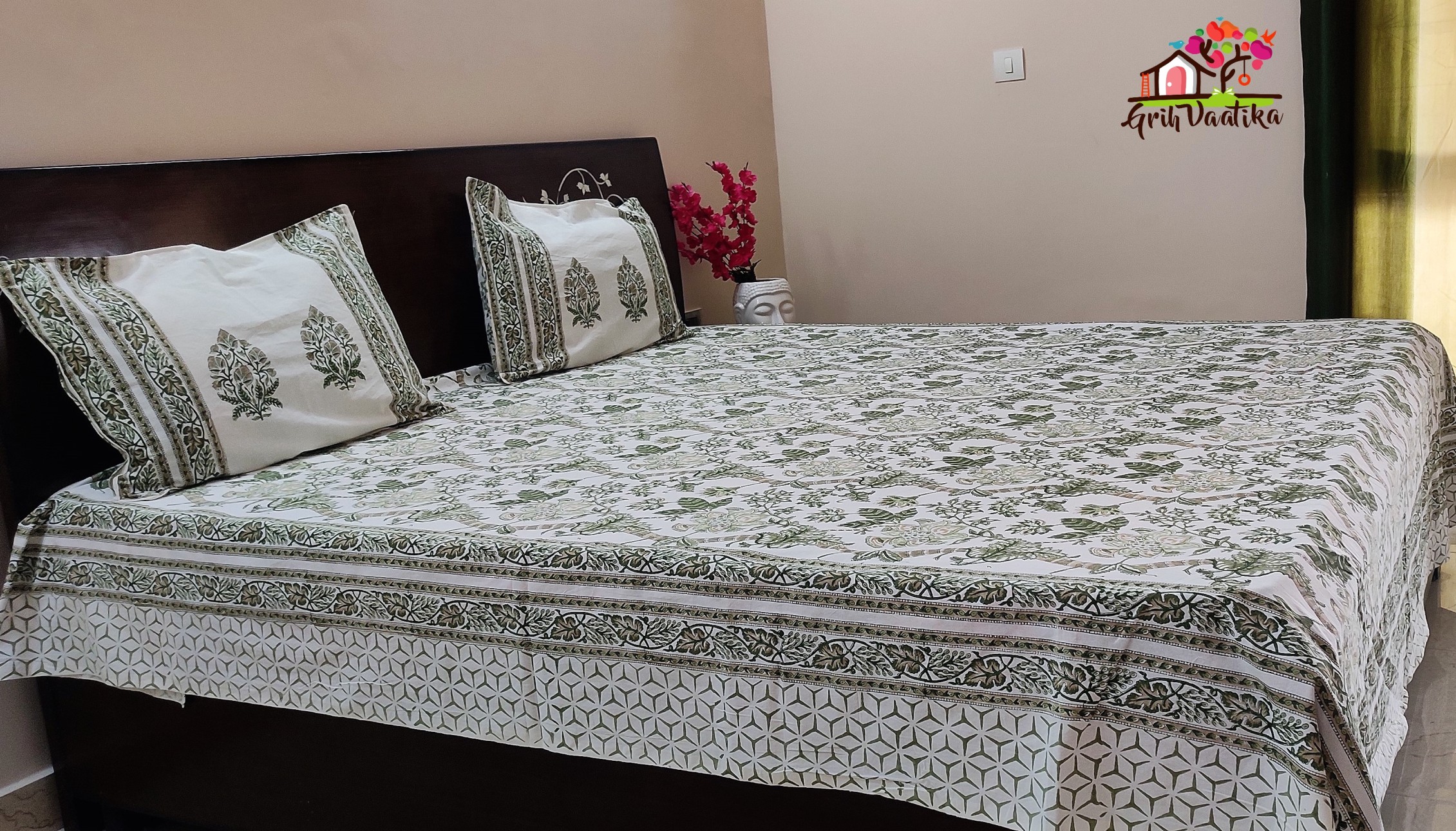 Earthy Tones - Subtle Green and Brown Jaal Hand Block Print Premium Cotton Bedsheet