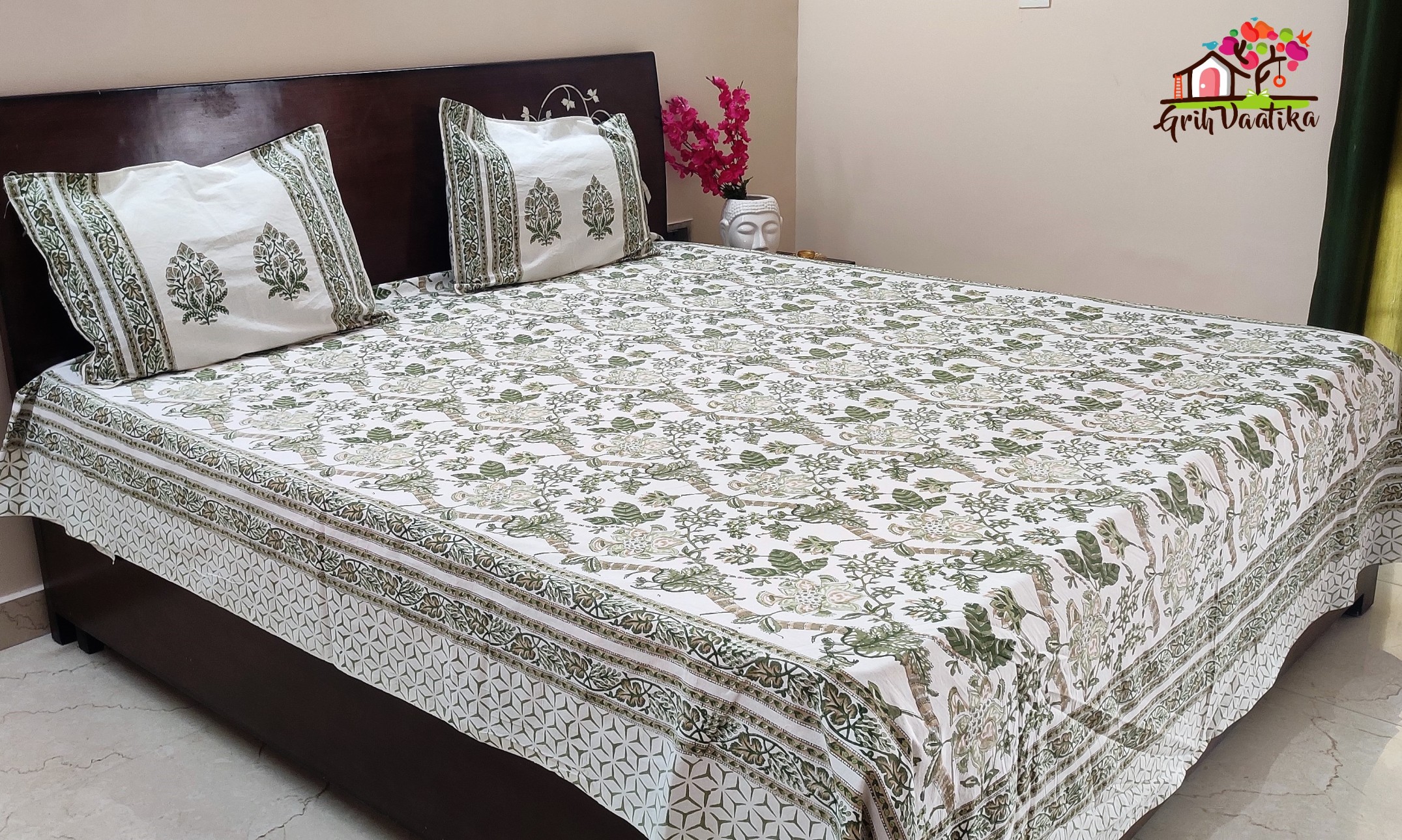 Earthy Tones - Subtle Green and Brown Jaal Hand Block Print Premium Cotton Bedsheet