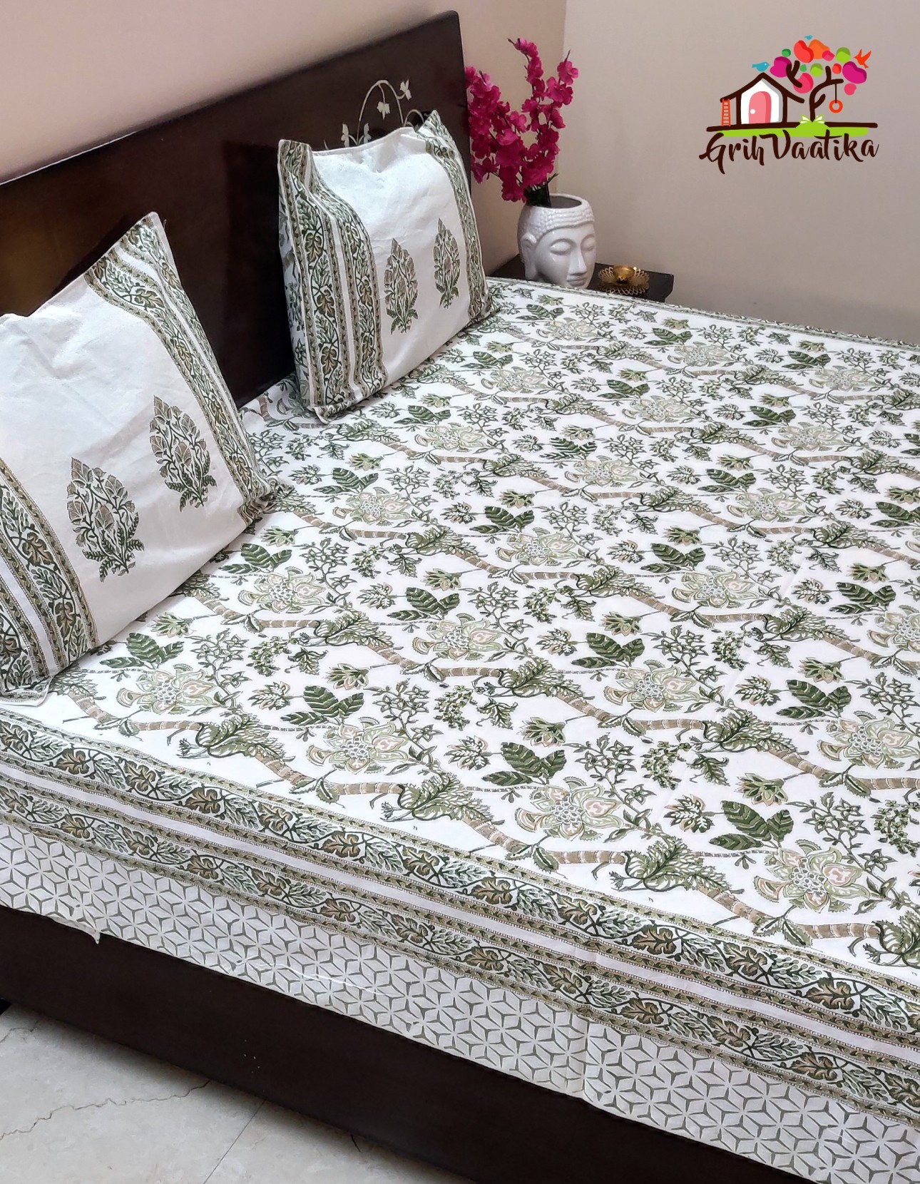 Earthy Tones - Subtle Green and Brown Jaal Hand Block Print Premium Cotton Bedsheet