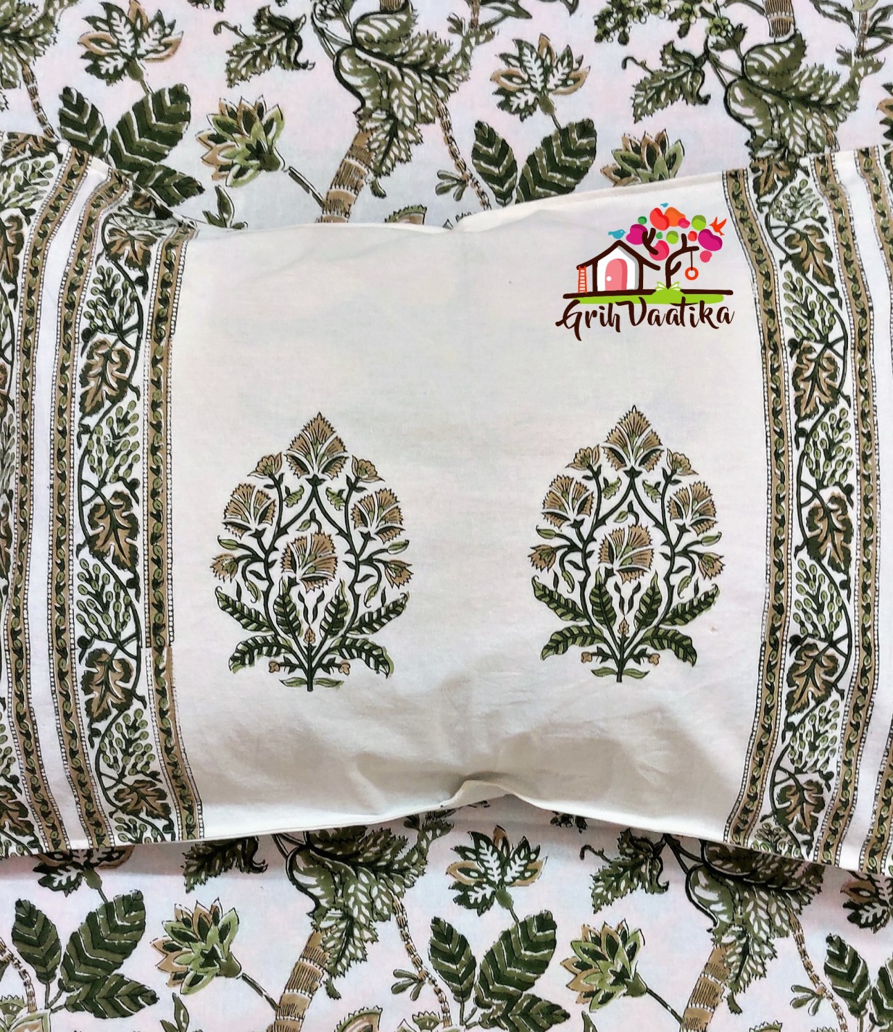 Earthy Tones - Subtle Green and Brown Jaal Hand Block Print Premium Cotton Bedsheet