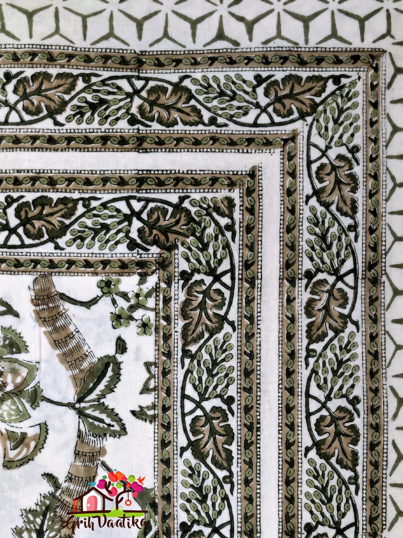 Earthy Tones - Subtle Green and Brown Jaal Hand Block Print Premium Cotton Bedsheet