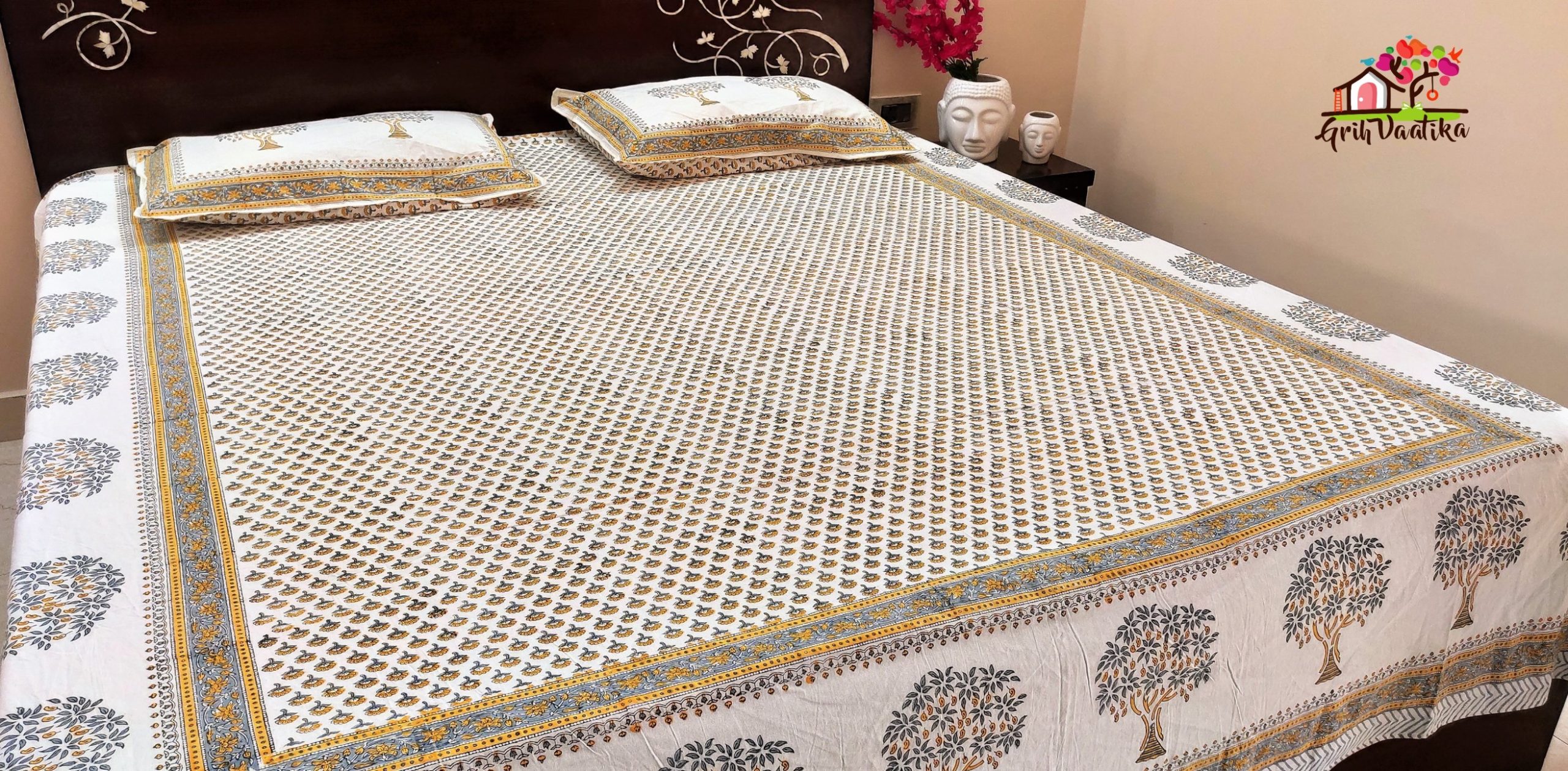 Floral Yellow Premium Cotton Hand Block Printed Bedsheet