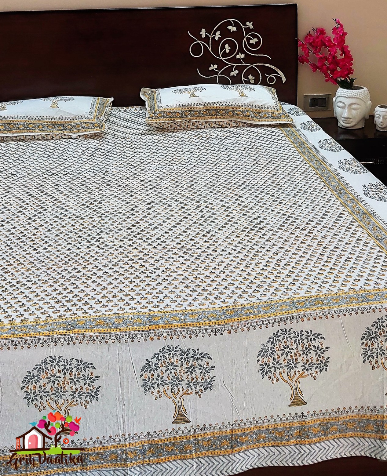 Floral Yellow Premium Cotton Hand Block Printed Bedsheet