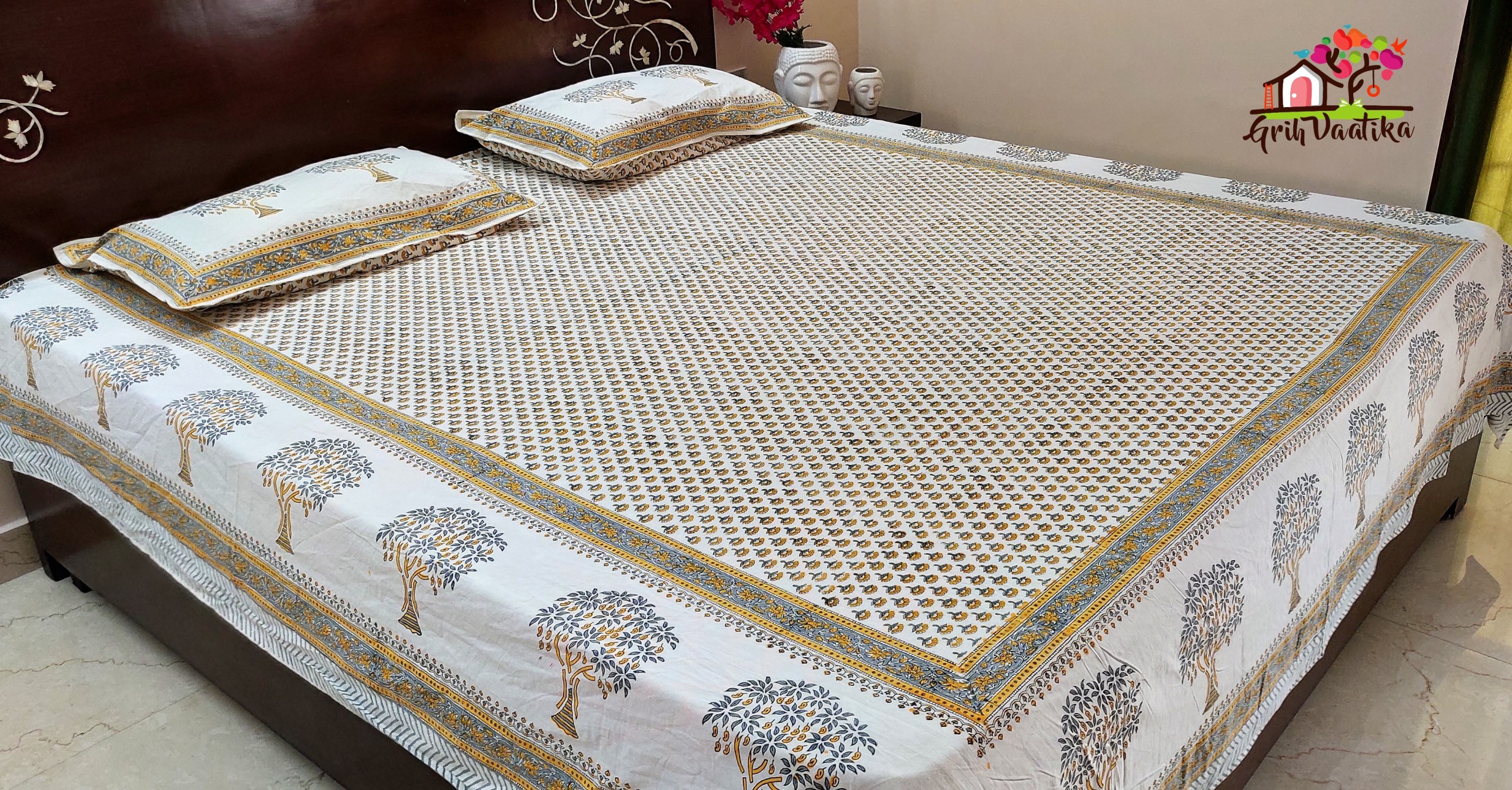Floral Yellow Premium Cotton Hand Block Printed Bedsheet