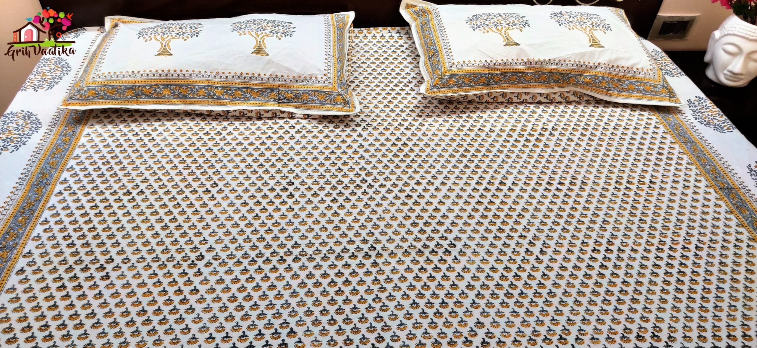 Floral Yellow Premium Cotton Hand Block Printed Bedsheet