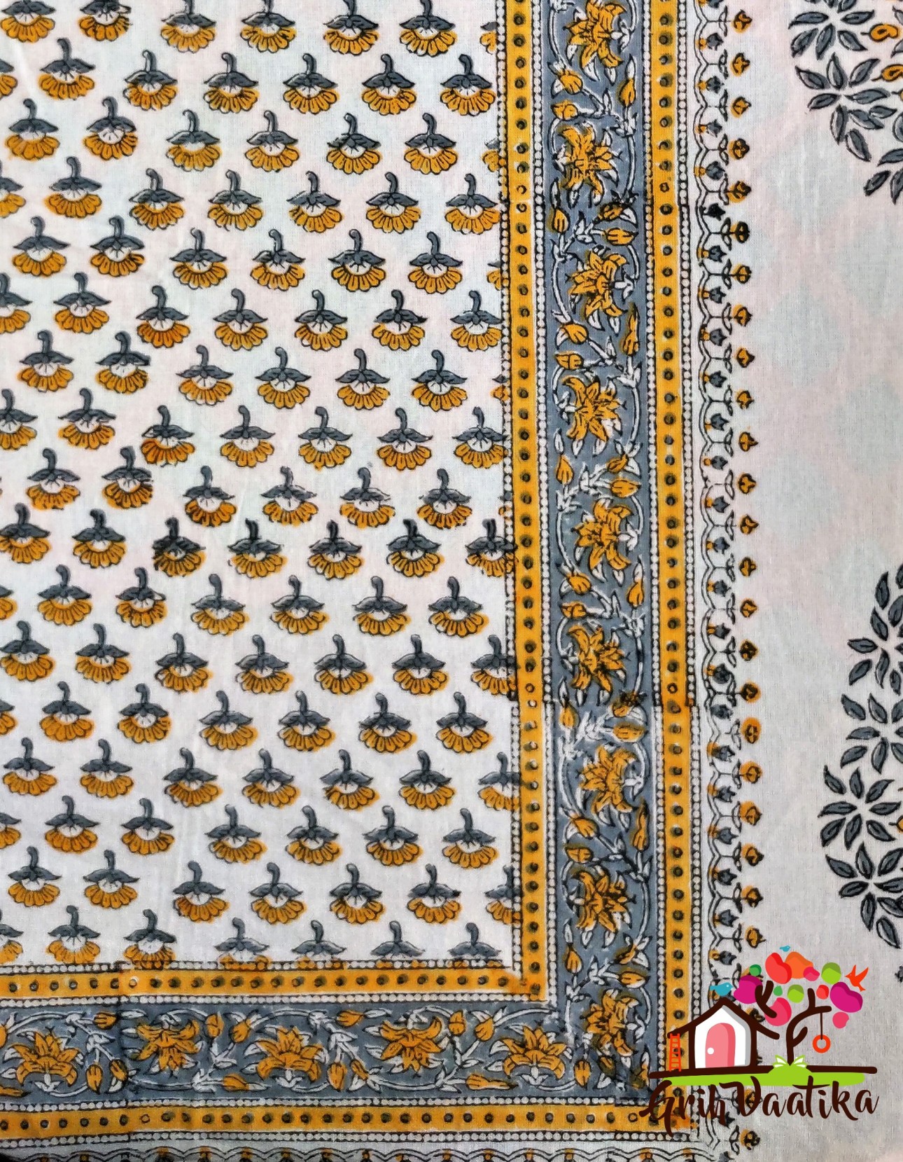 Floral Yellow Premium Cotton Hand Block Printed Bedsheet