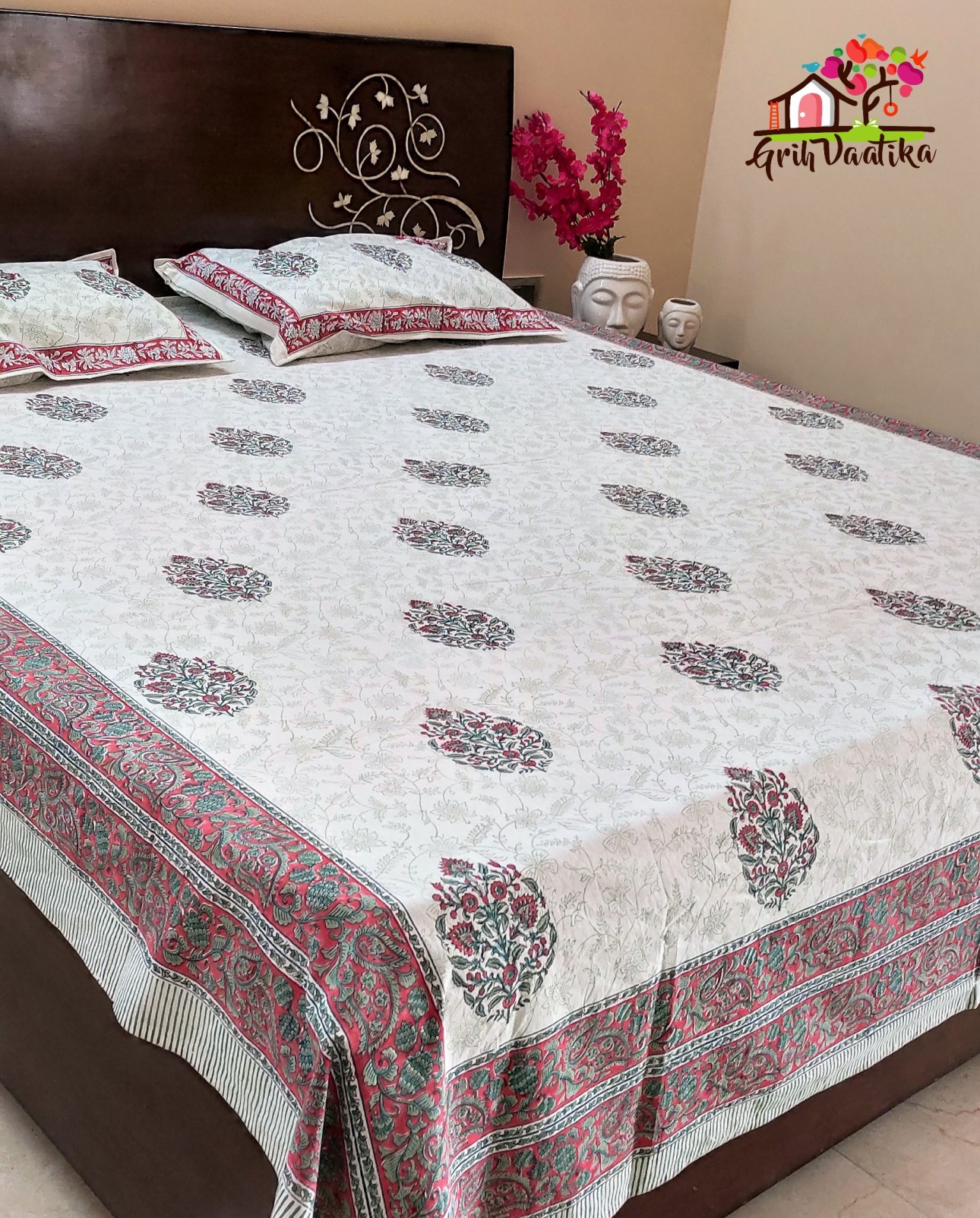 Subtle Red Boota and Jaal Premium Cotton Hand Block Printed Bedsheet