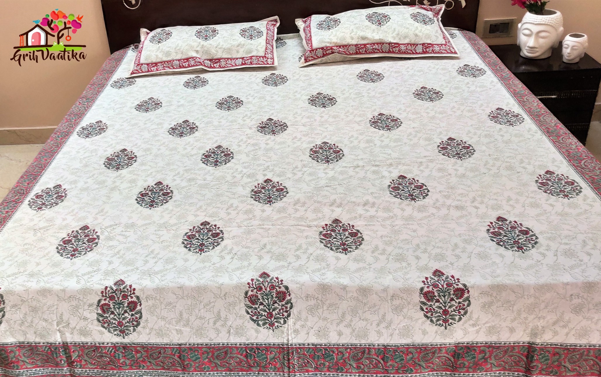 Subtle Red Boota and Jaal Premium Cotton Hand Block Printed Bedsheet