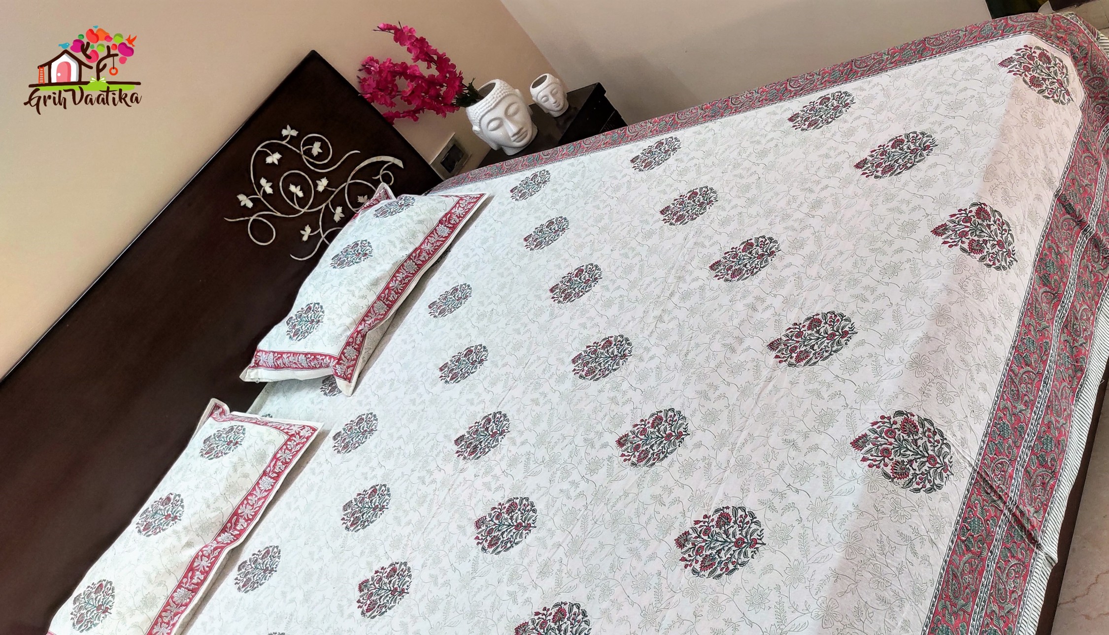 Subtle Red Boota and Jaal Premium Cotton Hand Block Printed Bedsheet