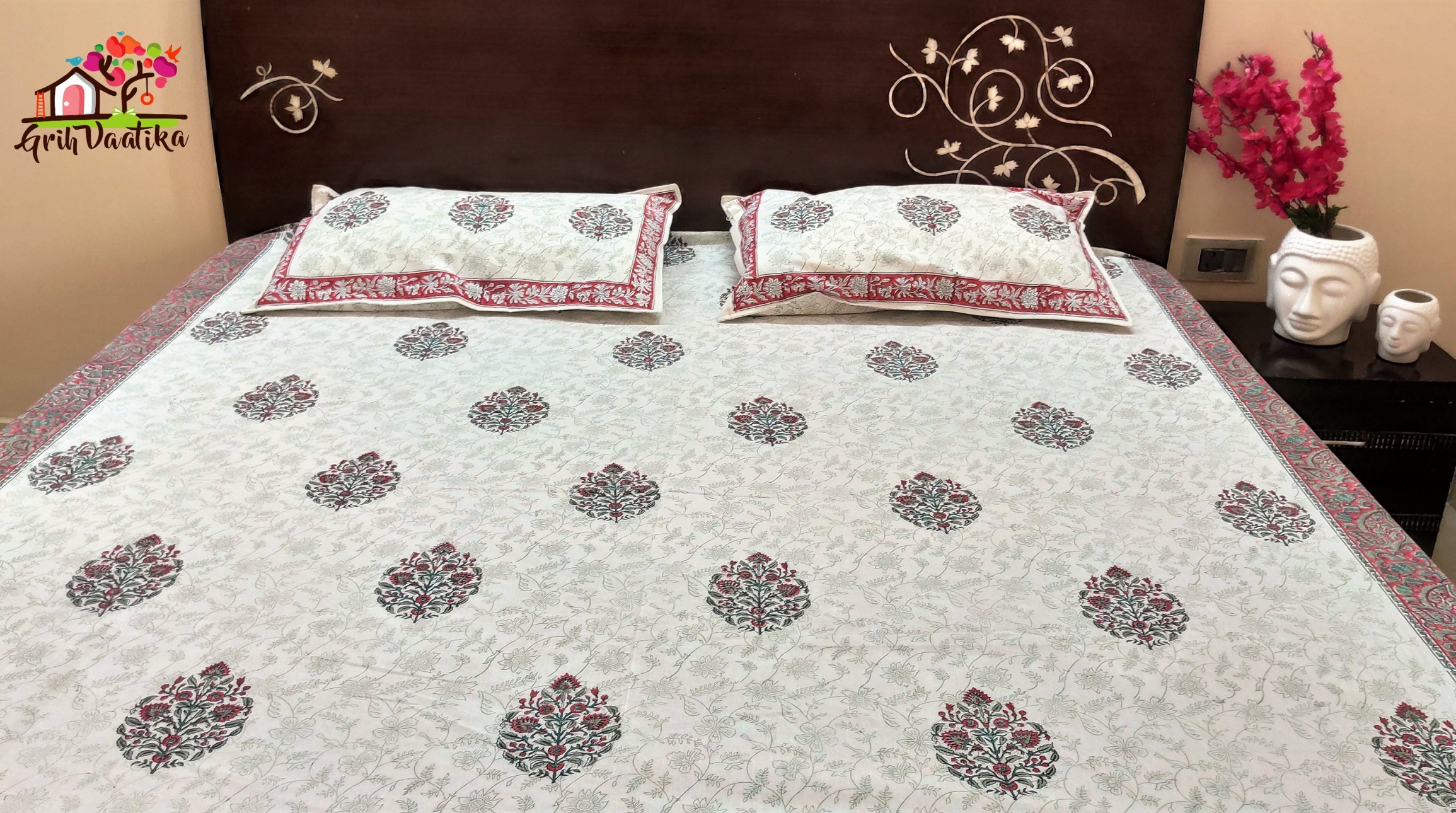 Subtle Red Boota and Jaal Premium Cotton Hand Block Printed Bedsheet