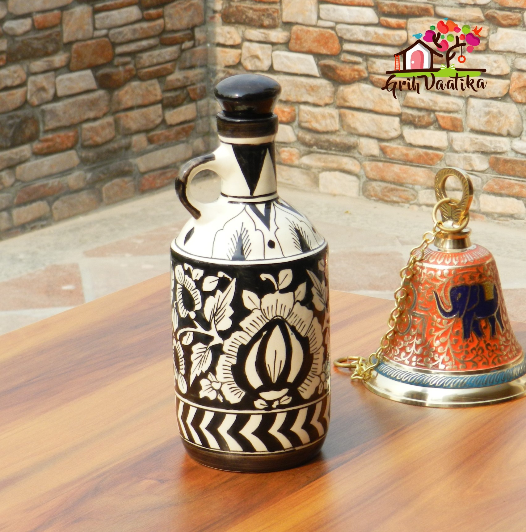 Black and White, Mughal Art Handcrafted Ceramic Multipurpose Bottle