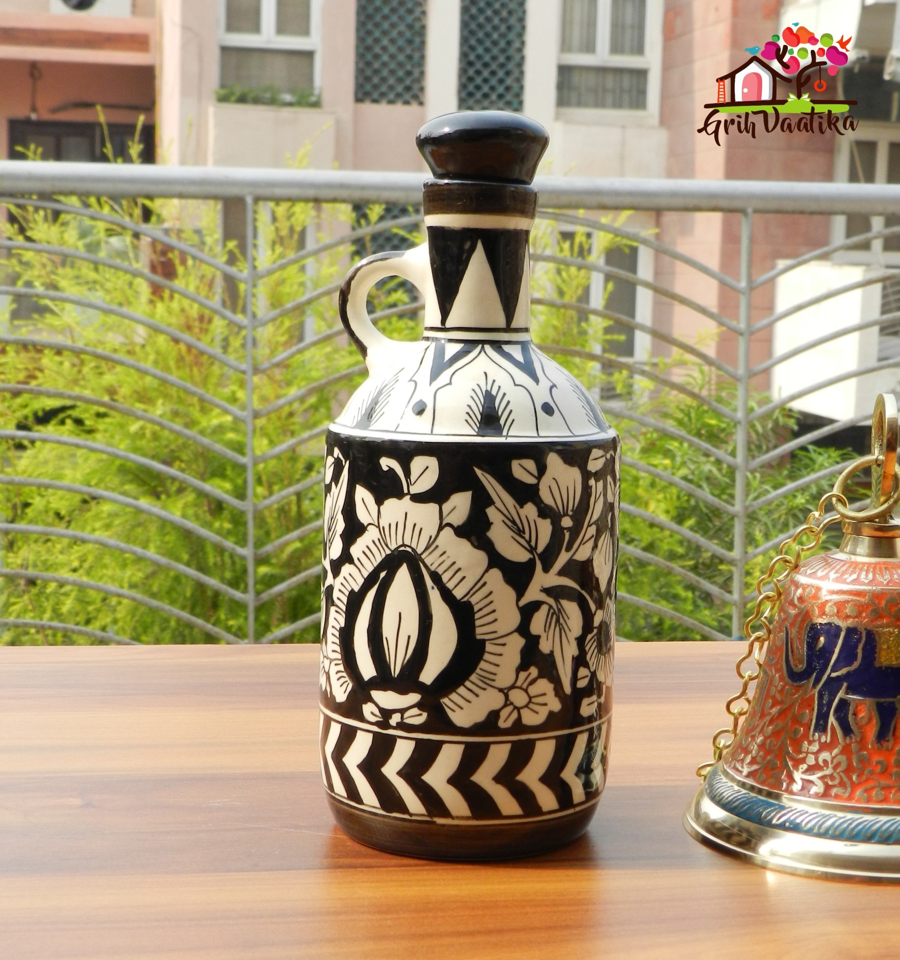 Black and White, Mughal Art Handcrafted Ceramic Multipurpose Bottle