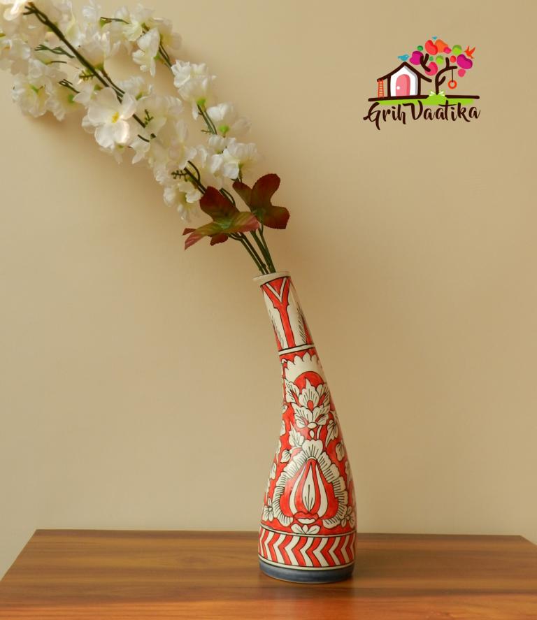 Elegant Handcrafted Rustic Red Tilted Ceramic Flower Vase