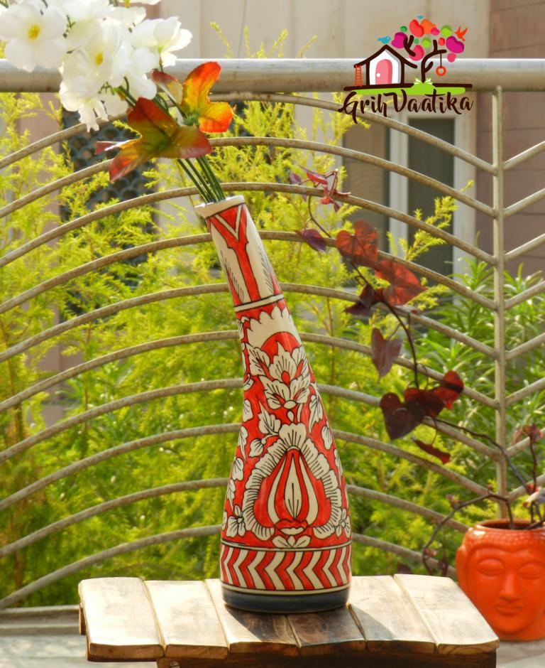 Elegant Handcrafted Rustic Red Tilted Ceramic Flower Vase