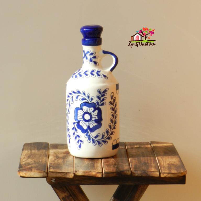 Blue Floral Bel, Printed Mughal Art Handcrafted Ceramic Multipurpose Bottle