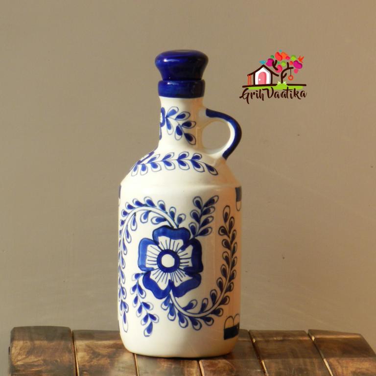 Blue Floral Bel, Printed Mughal Art Handcrafted Ceramic Multipurpose Bottle