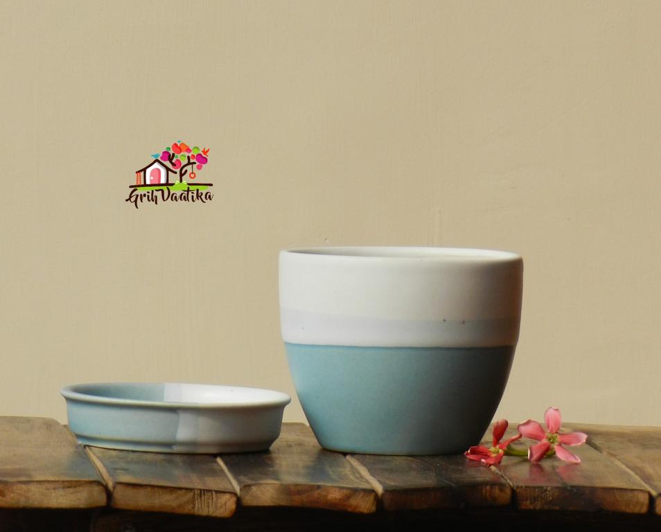 Cup Plate Ceramic Desk Planters - Sky Blue and Off White