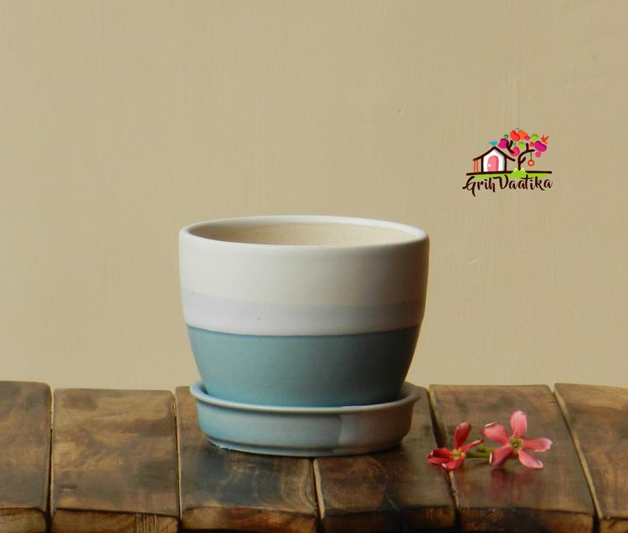 Cup Plate Ceramic Desk Planters - Sky Blue and Off White
