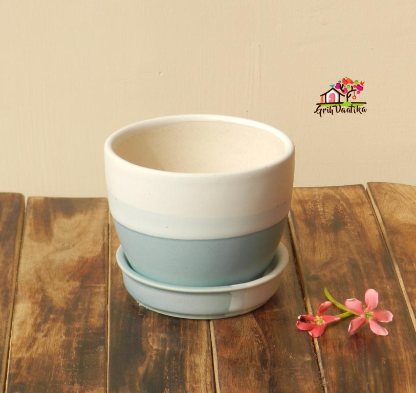 Cup Plate Ceramic Desk Planters - Sky Blue and Off White