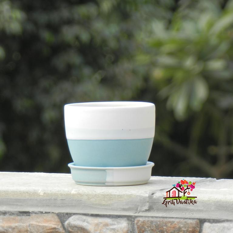 Cup Plate Ceramic Desk Planters - Sky Blue and Off White