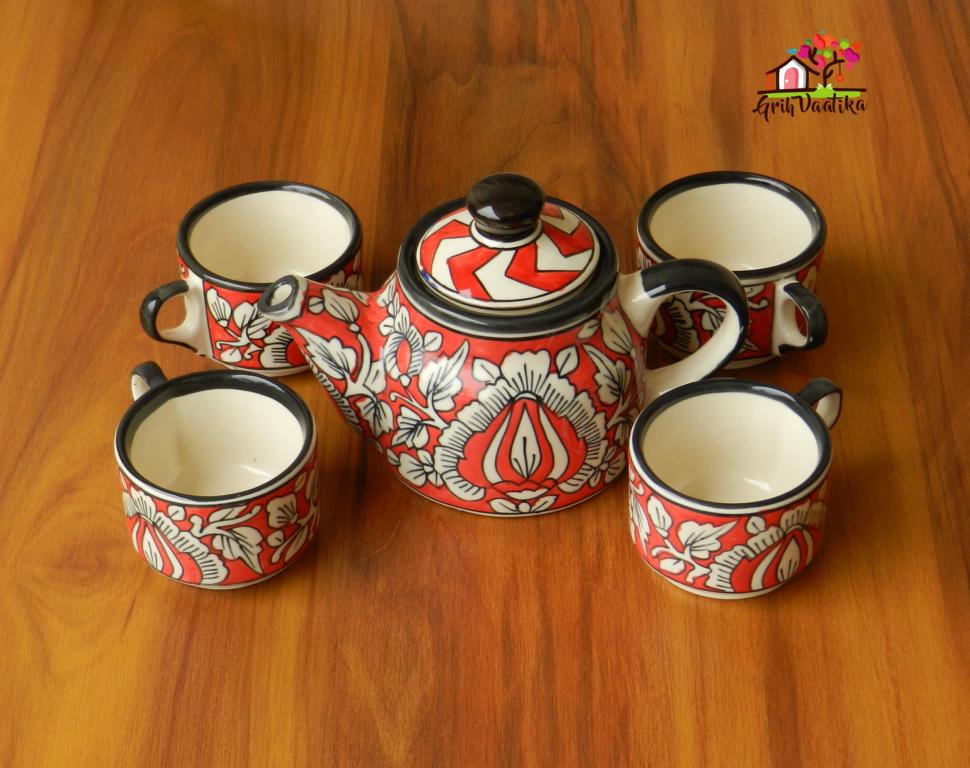 Handpainted Mughal Art Ceramic English Kettle Tea Set in Rustic Red Colour (1 Kettle with 4 cups)