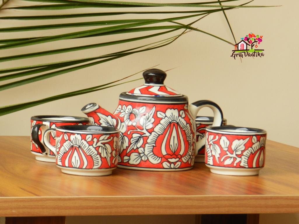 Handpainted Mughal Art Ceramic English Kettle Tea Set in Rustic Red Colour (1 Kettle with 4 cups)