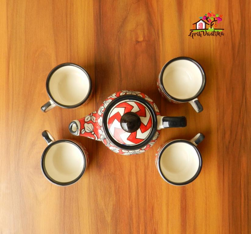 Handpainted Mughal Art Ceramic English Kettle Tea Set in Rustic Red Colour (1 Kettle with 4 cups)