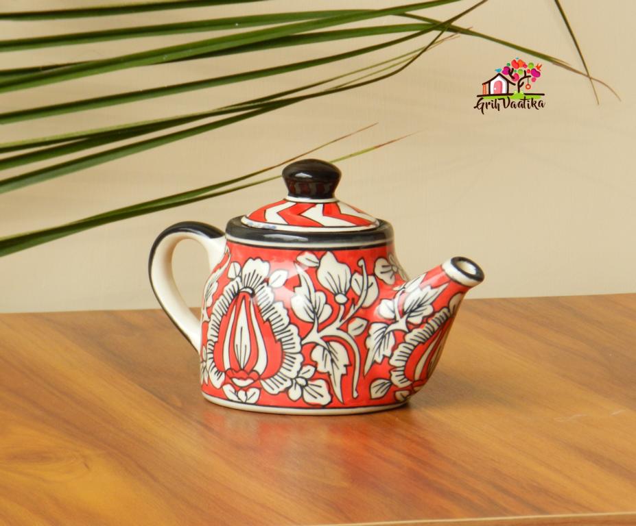 Handpainted Mughal Art Ceramic English Kettle Tea Set in Rustic Red Colour (1 Kettle with 4 cups)