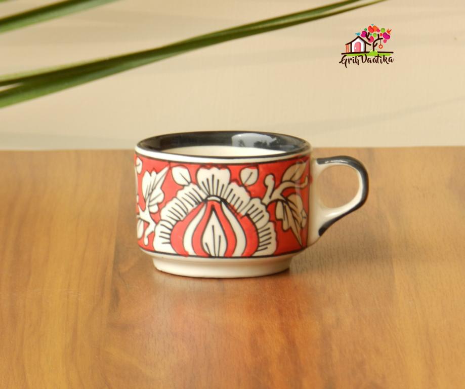 Handpainted Mughal Art Ceramic English Kettle Tea Set in Rustic Red Colour (1 Kettle with 4 cups)