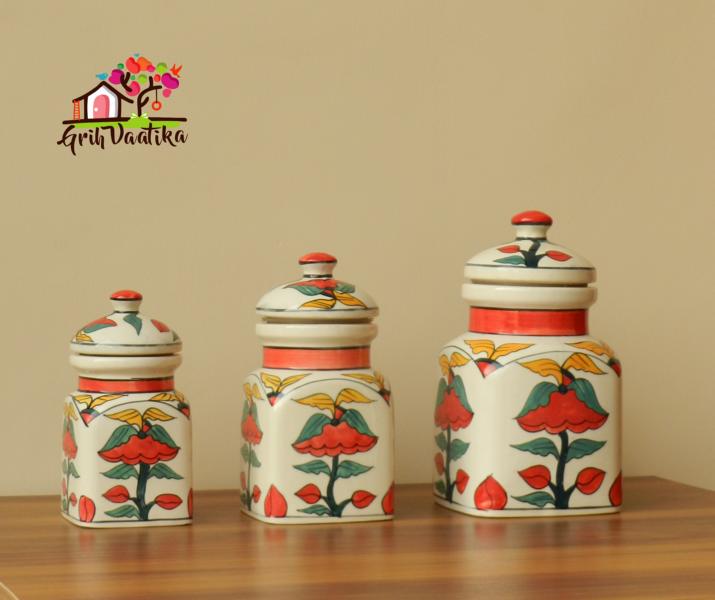 Handcrafted Ceramic Kitchen Storage Airtight Jars with lids - 3 Piece Multi-coloured Container Set