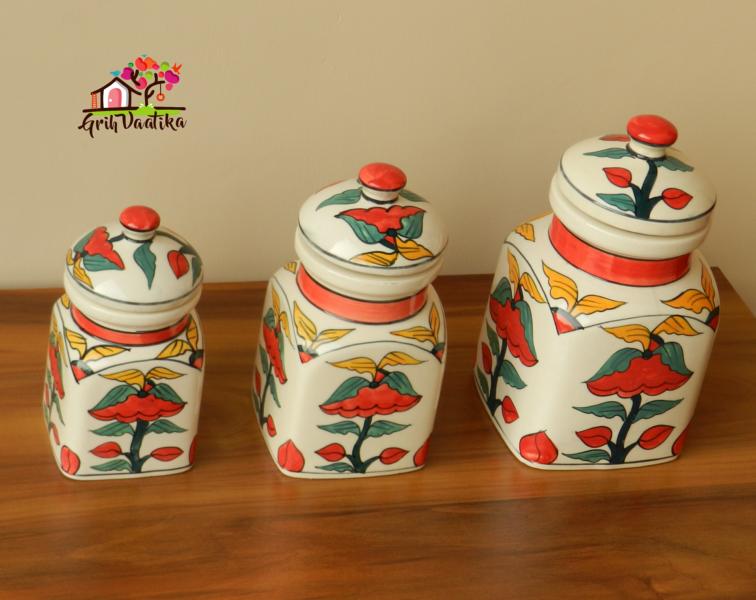 Handcrafted Ceramic Kitchen Storage Airtight Jars with lids - 3 Piece Multi-coloured Container Set