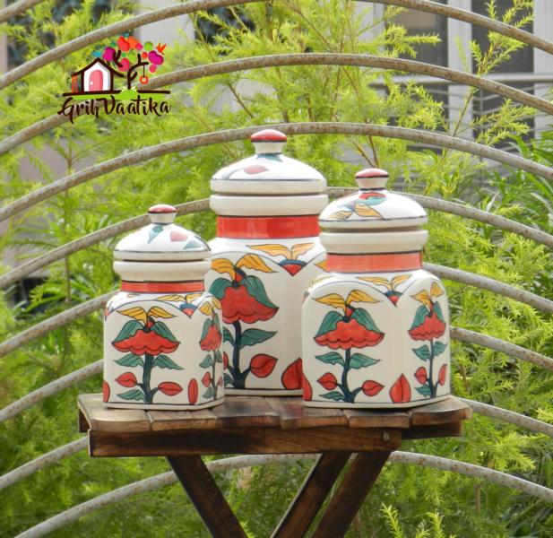Handcrafted Ceramic Kitchen Storage Airtight Jars with lids - 3 Piece Multi-coloured Container Set